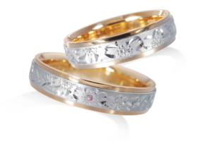 結婚指輪 彫り模様 桜柄 デザイン 2色使い ピンクゴールド プラチナ コンビ 和風