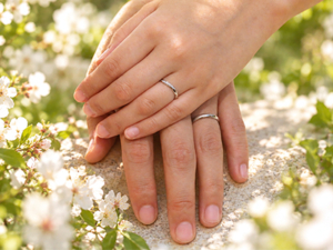 ウェーブタイプの結婚指輪を選ばれたカップル様 ウェーブデザインの結婚指輪を着用されたお二人の手元